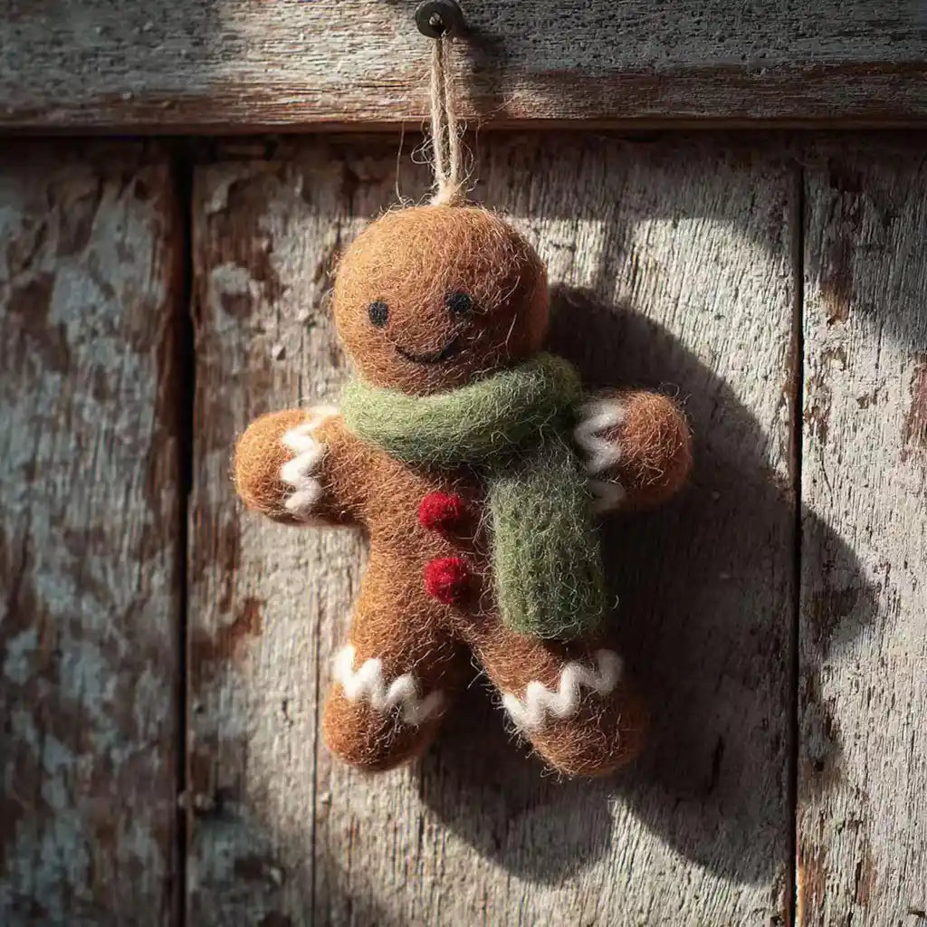 Felted gingerbread man ornament with a green scarf hanging on a wooden surface