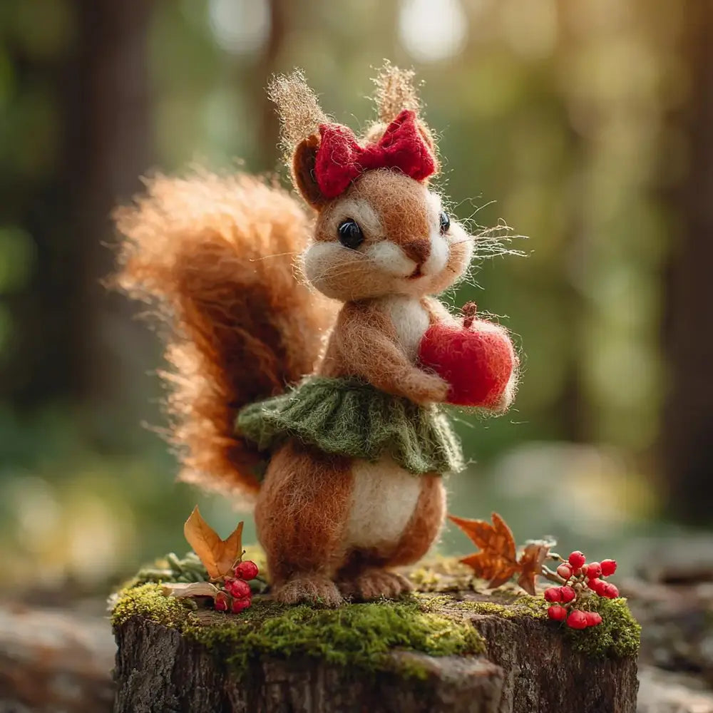 Squirrel figurine with a red bow and green skirt holding an apple on a wooden stump with leaves and berries.