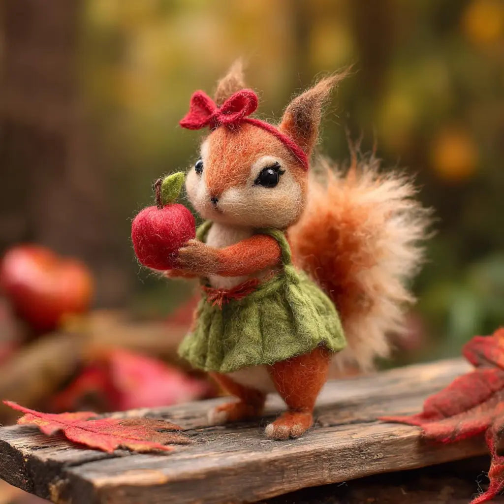 Stuffed squirrel toy holding an apple with a blurred autumn background