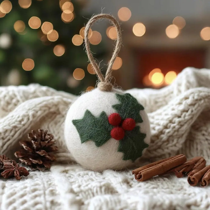 Christmas ornament with holly leaves and berries on a textured surface with blurred lights in the background