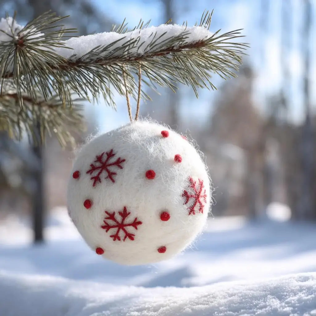 White ornament with red snowflake patterns hanging on a snow-covered branch