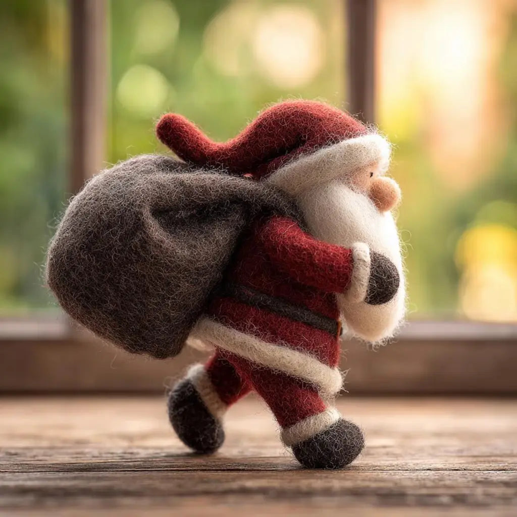 Walking Santa wool felt figurine carrying a brown toy sack