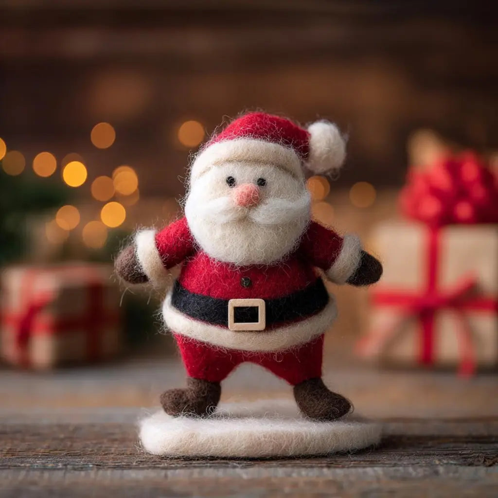 Felt Santa Claus figurine with a blurred festive background