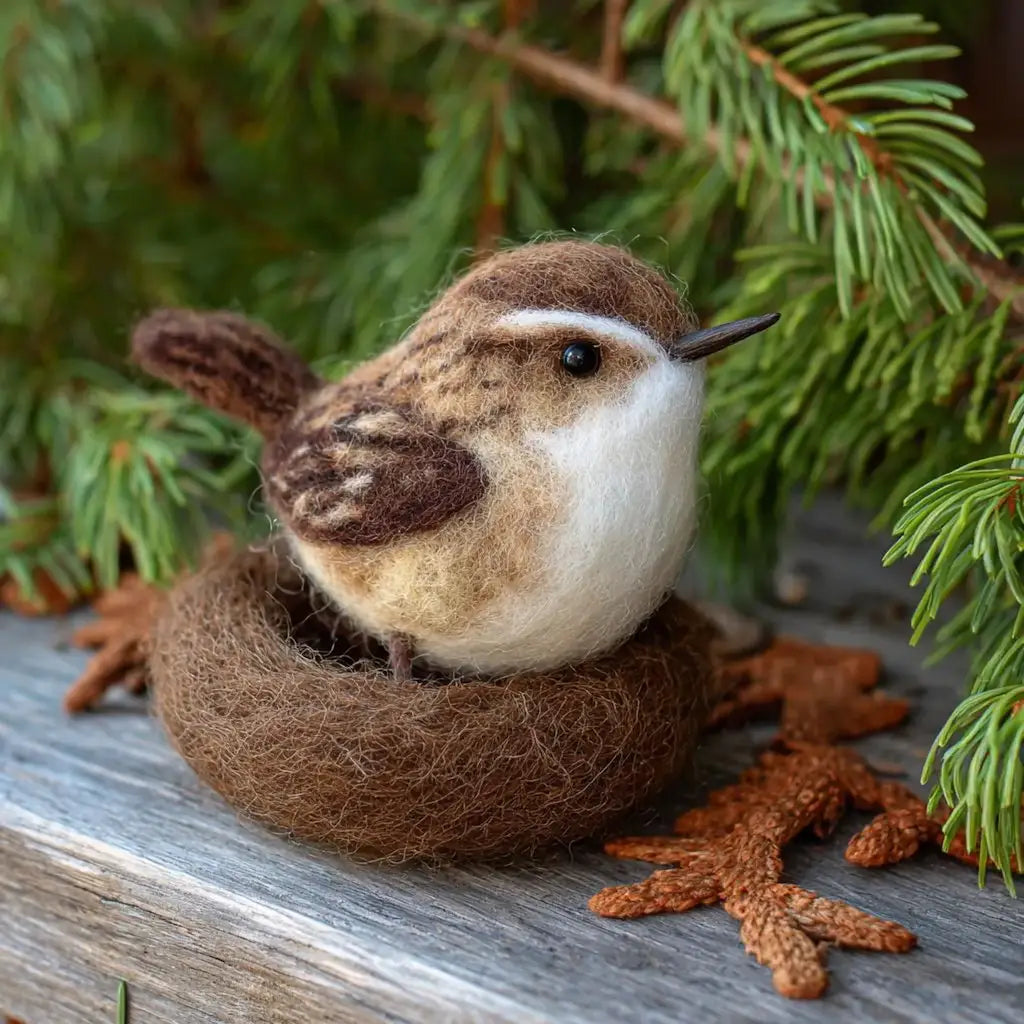 Felted wren bird with a nest on a wooden surface with green foliage in the background