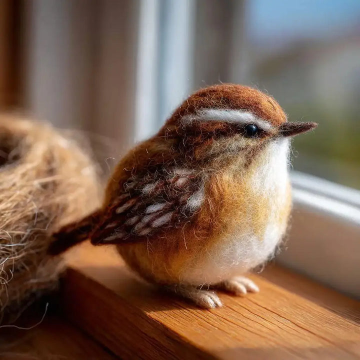 Felted wren bird sitting on a wooden surface with a blurred background