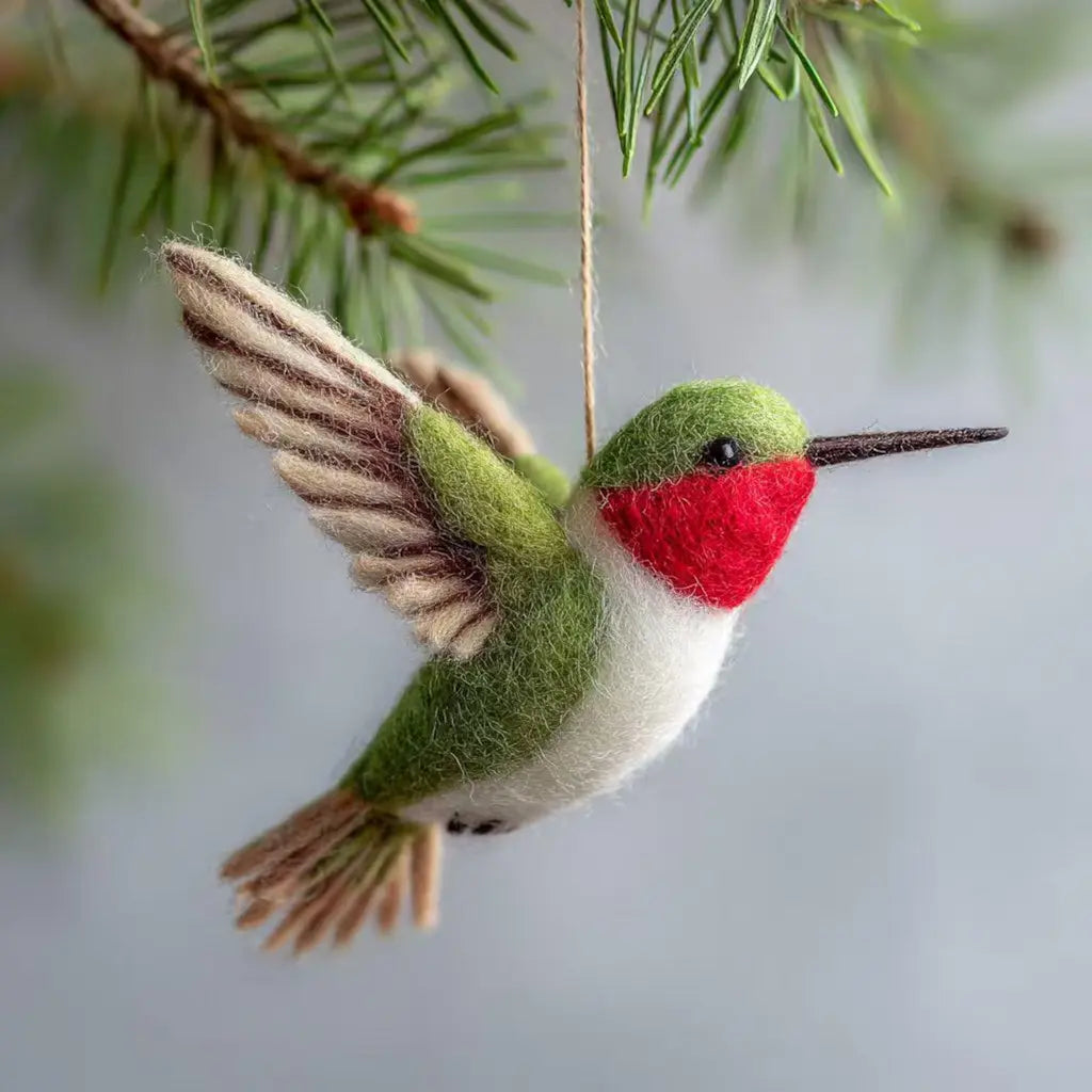 Ruby-throated hummingbird wool felt ornament with emerald-green body hanging from a branch