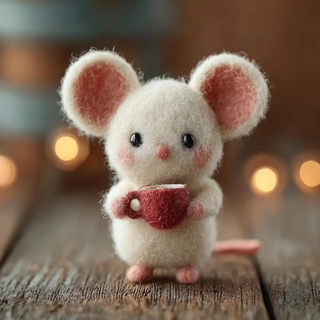 Small plush mouse toy holding a red heart on a wooden surface with blurred lights in the background