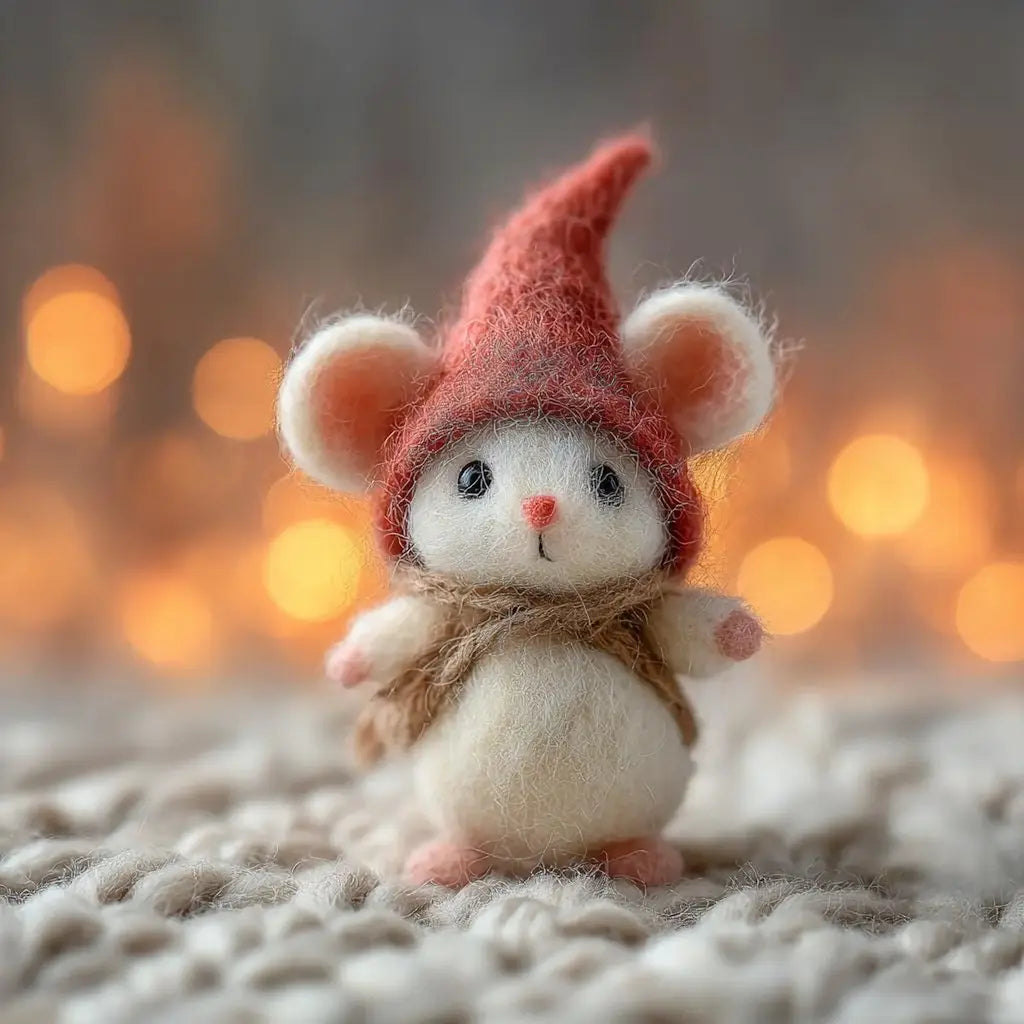 Small plush mouse toy wearing a red hat with a blurred warm-toned background