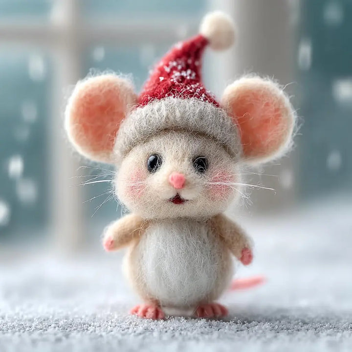 Wool felt Christmas mouse figurine wearing a red Santa hat with white snowy detailing and a white pom-pom