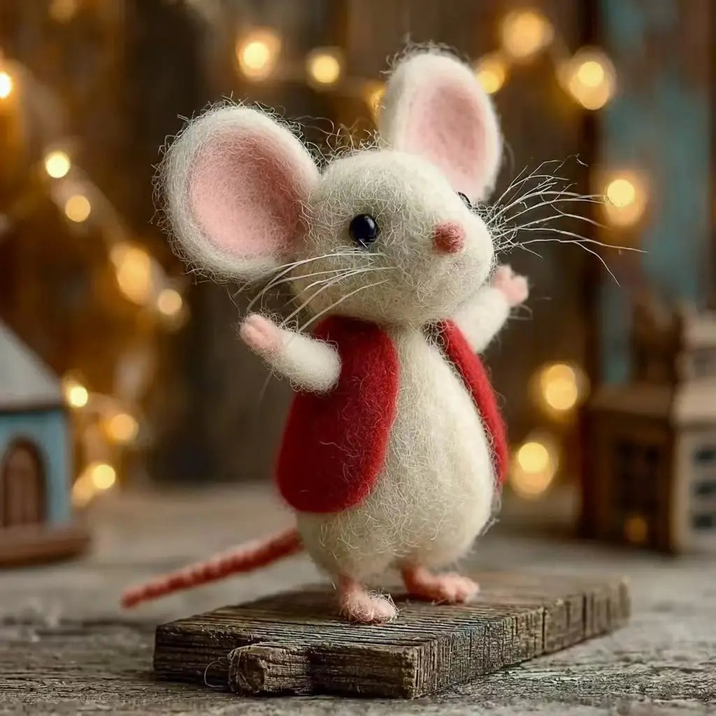 Stuffed mouse toy with a red scarf on a wooden platform with blurred lights in the background