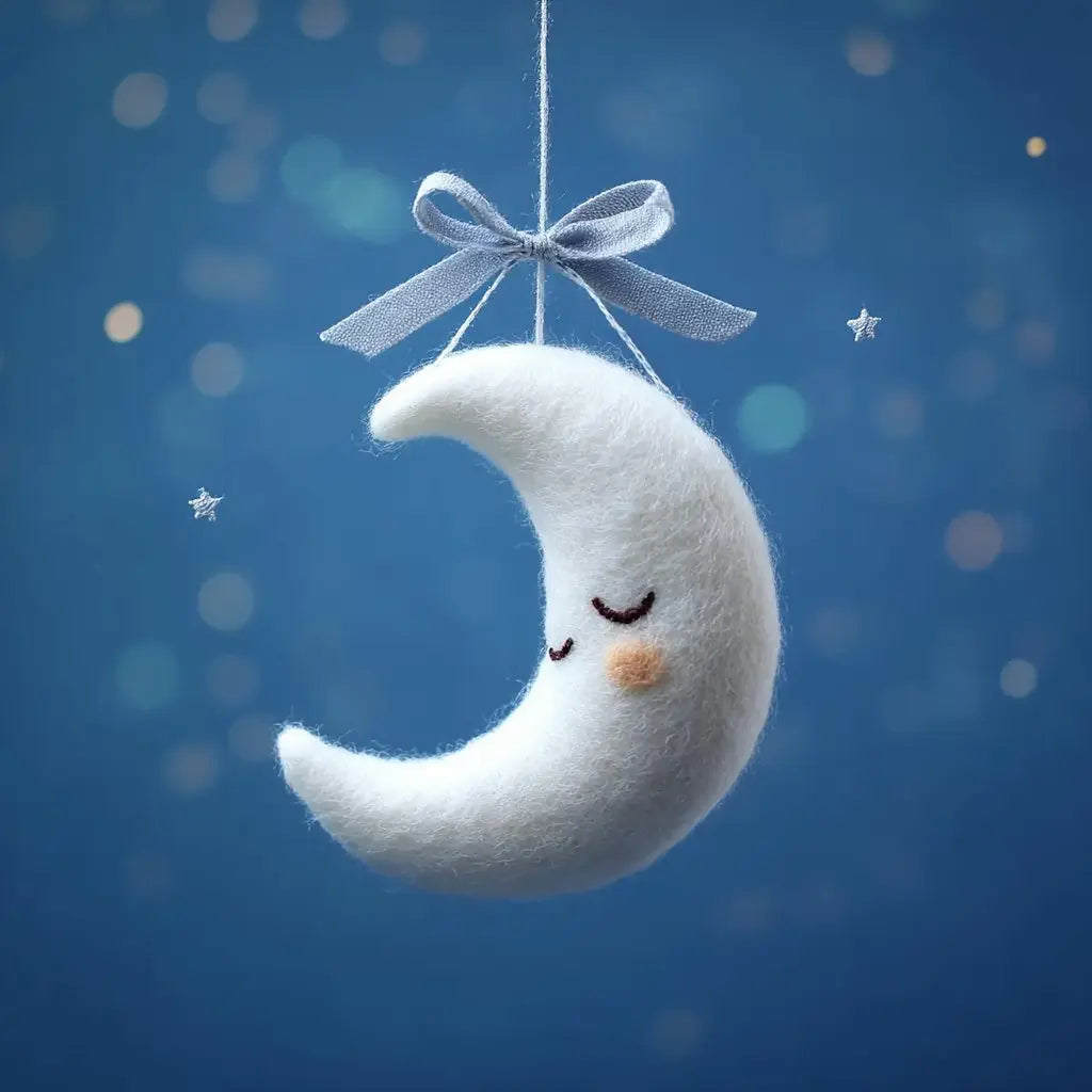 White crescent moon ornament with a face and bow on a blue background