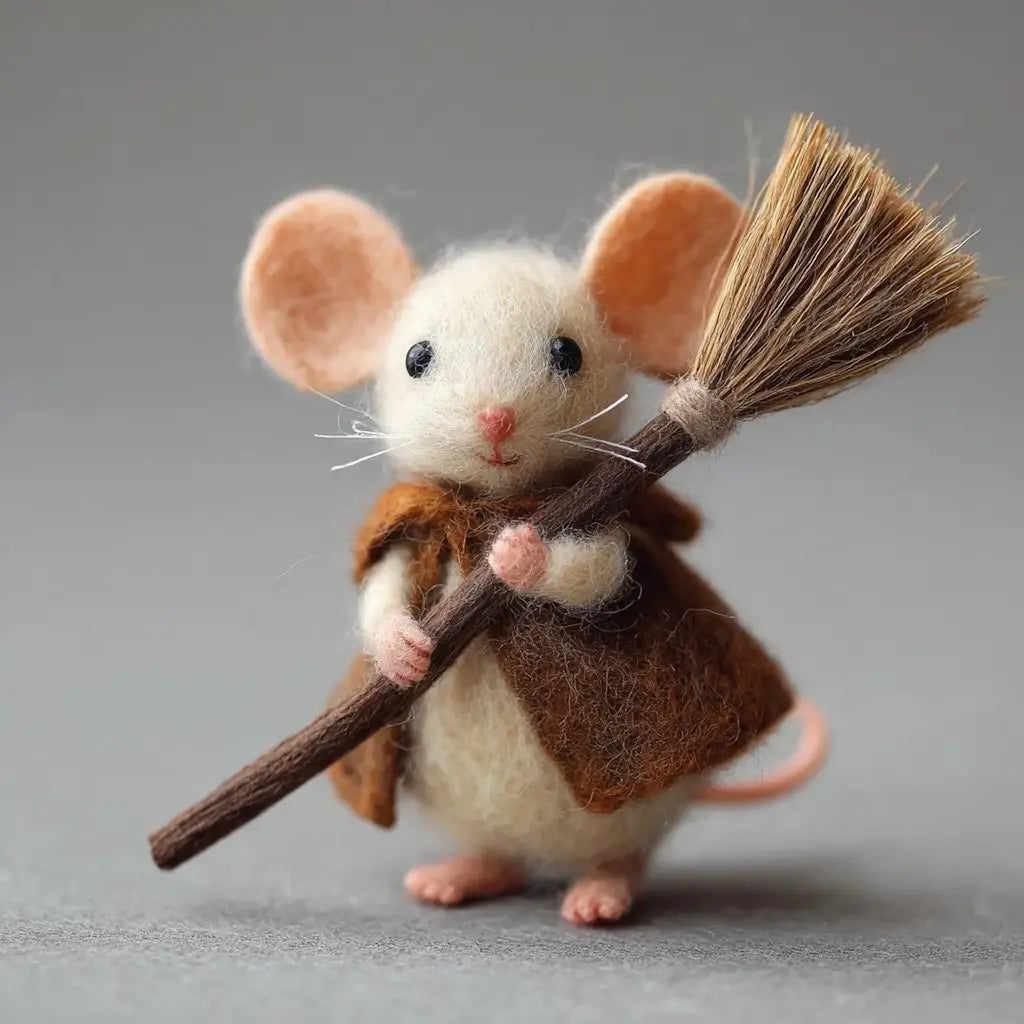 Felt Mouse Figurine with Broom & Brown Cape