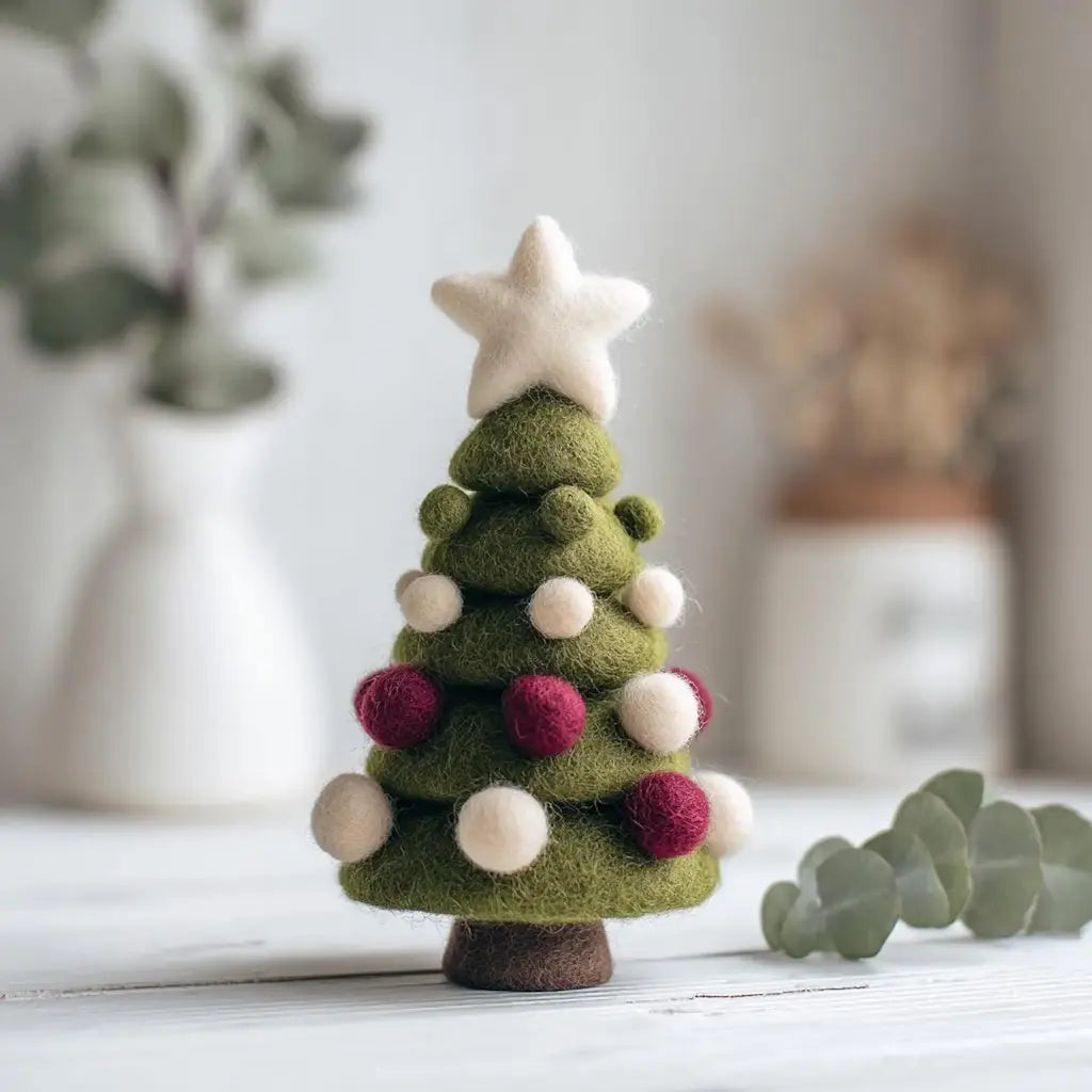 Small felt Christmas tree with white, red, and green decorations on a light surface.