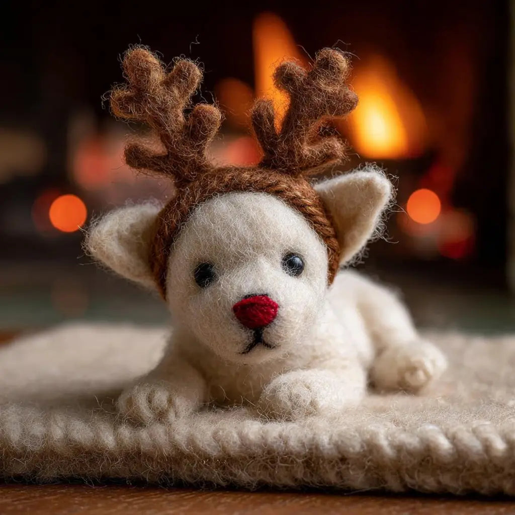 White teddy bear with reindeer antlers and a red nose lying on a blanket in front of a fireplace.
