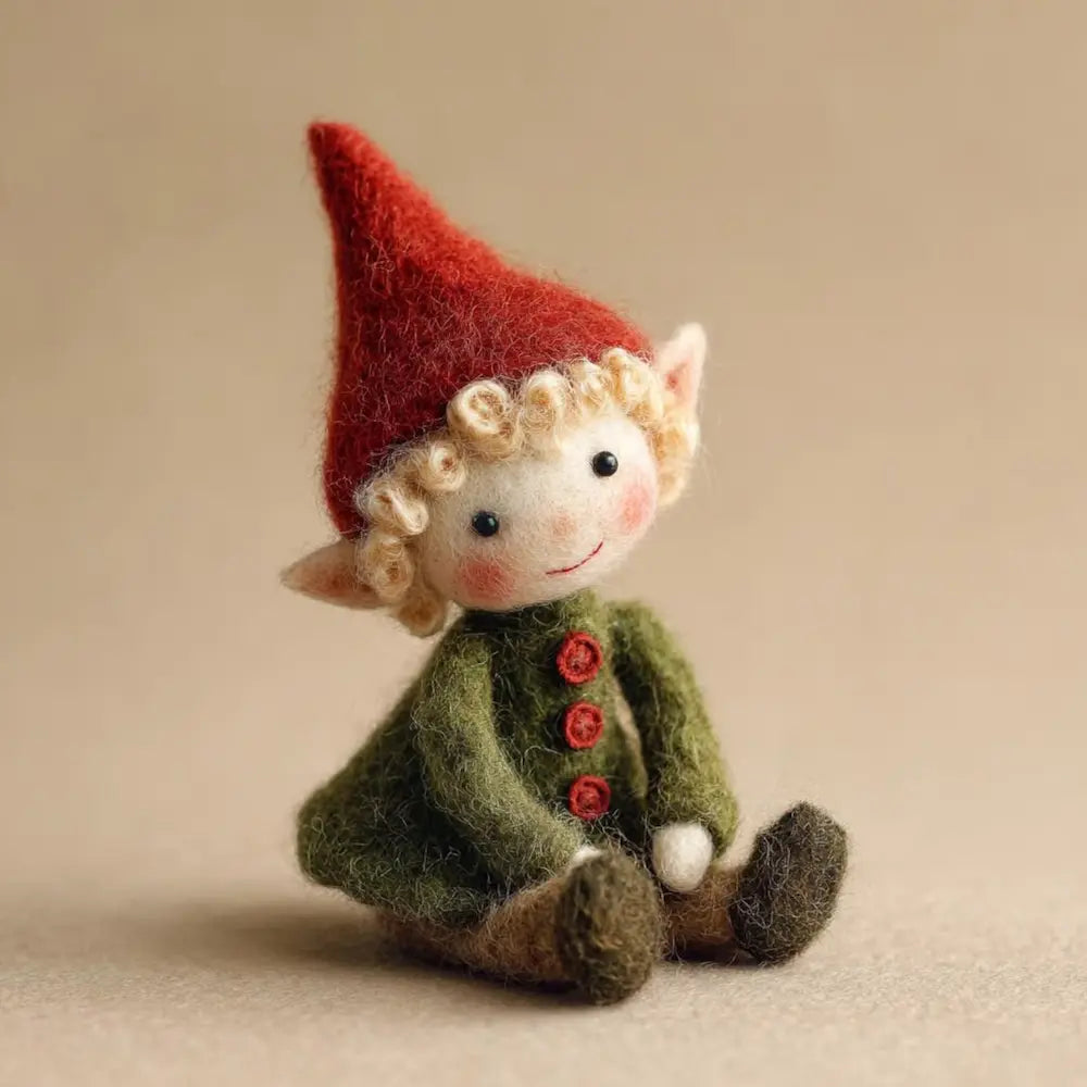 Small elf figurine with a red hat and green coat on a beige background