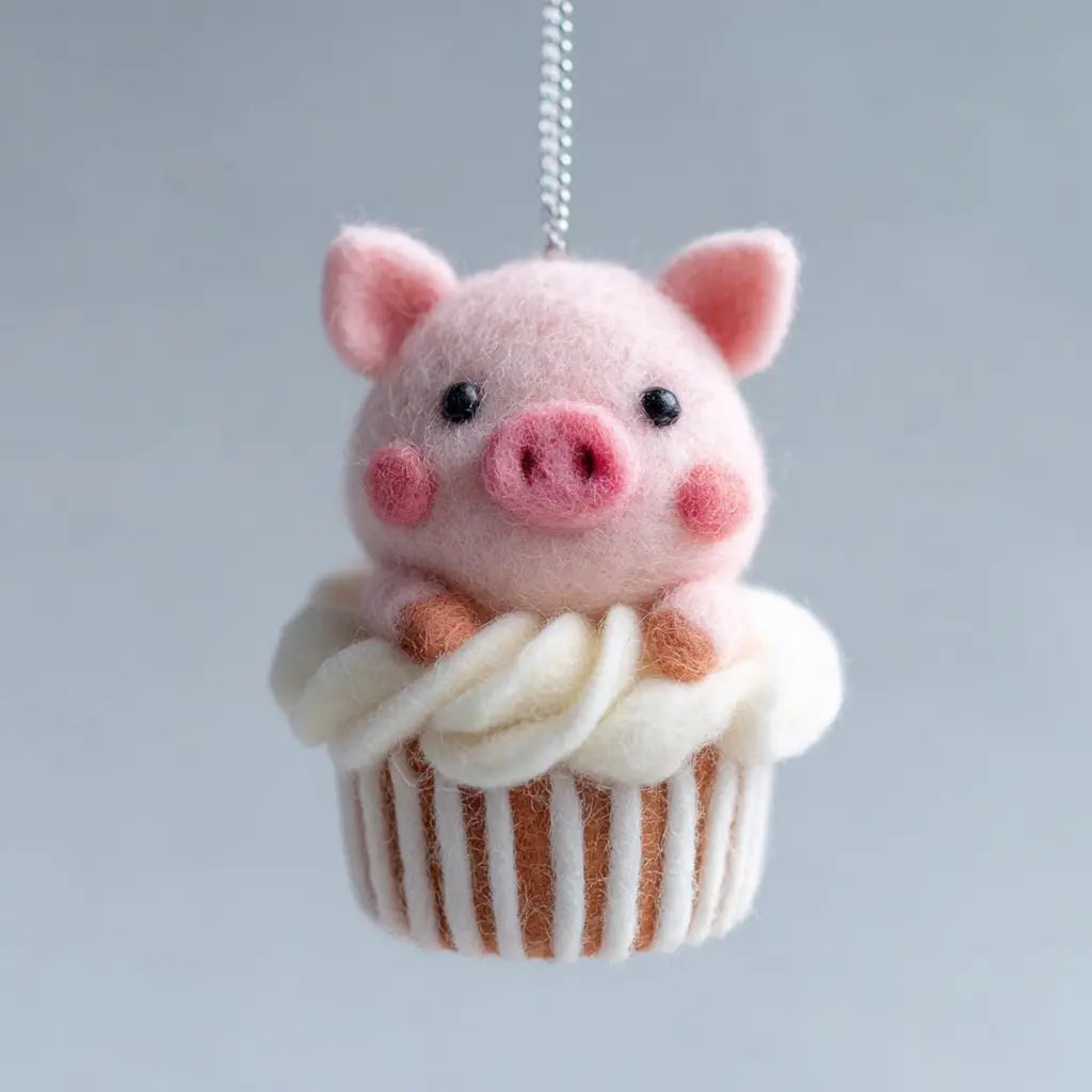 Felted Piggy on Cream Cake Ornament