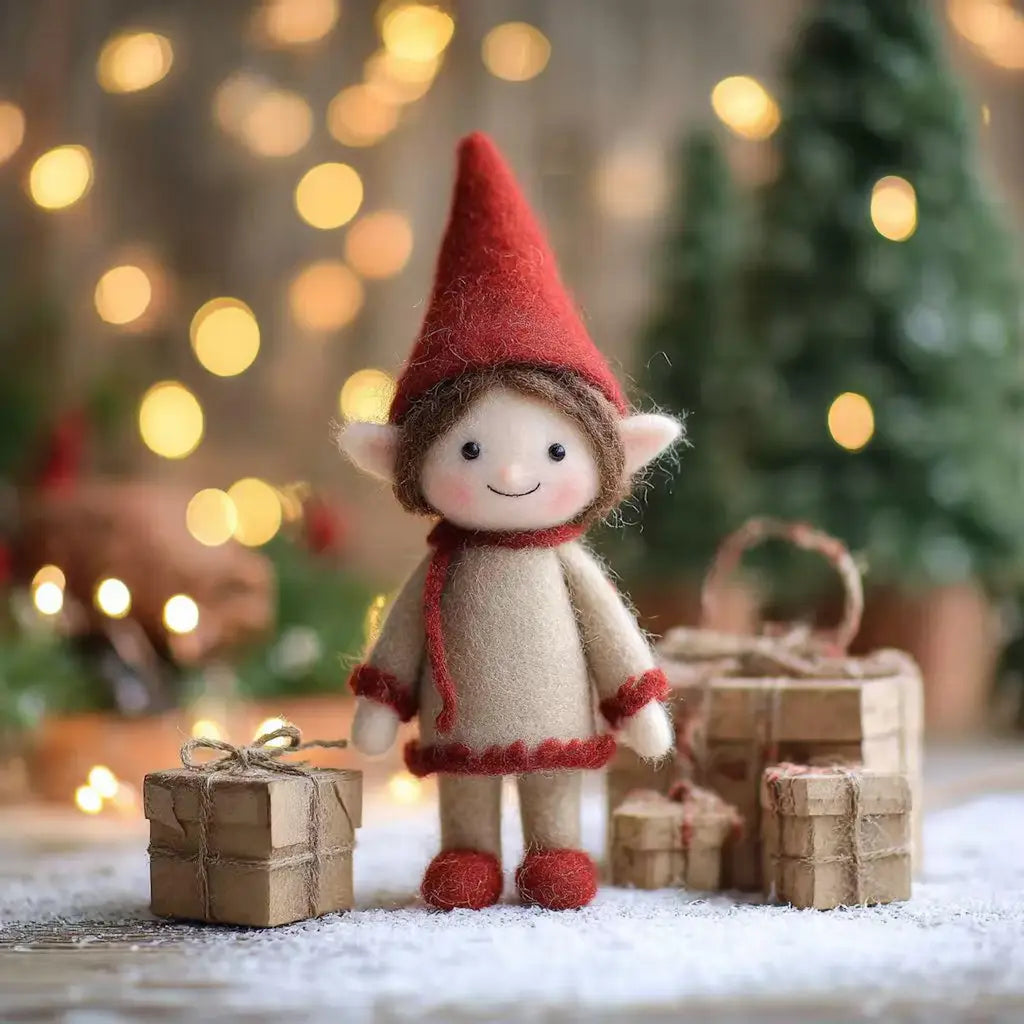 Felt Christmas Elf Figurine with Red Hat
