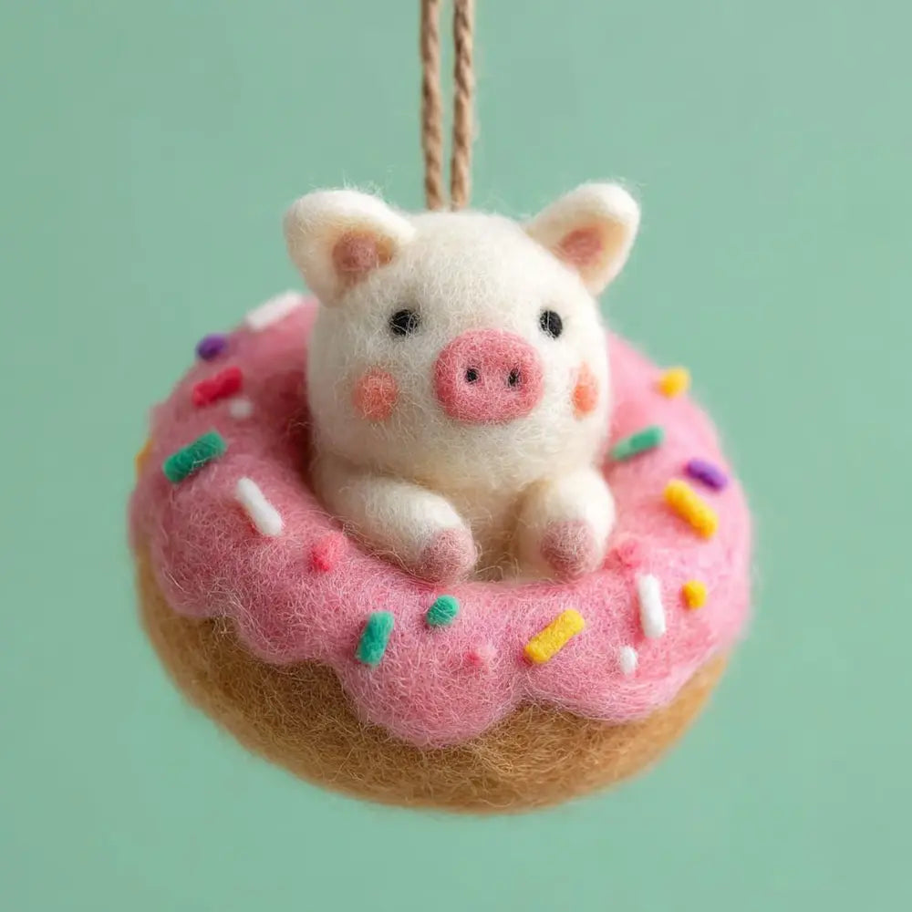 Felted pig toy on a pink donut with sprinkles against a light green background