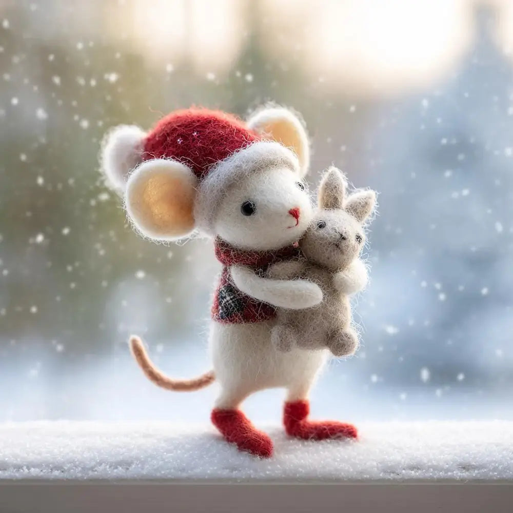 Felted mouse wearing a Santa hat and holding a small creature against a snowy background