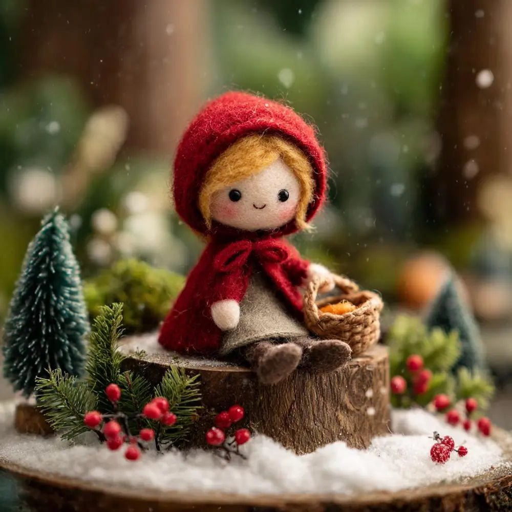 Felt doll in a red hood and outfit sitting on a wooden stump with a basket, surrounded by Christmas decorations.
