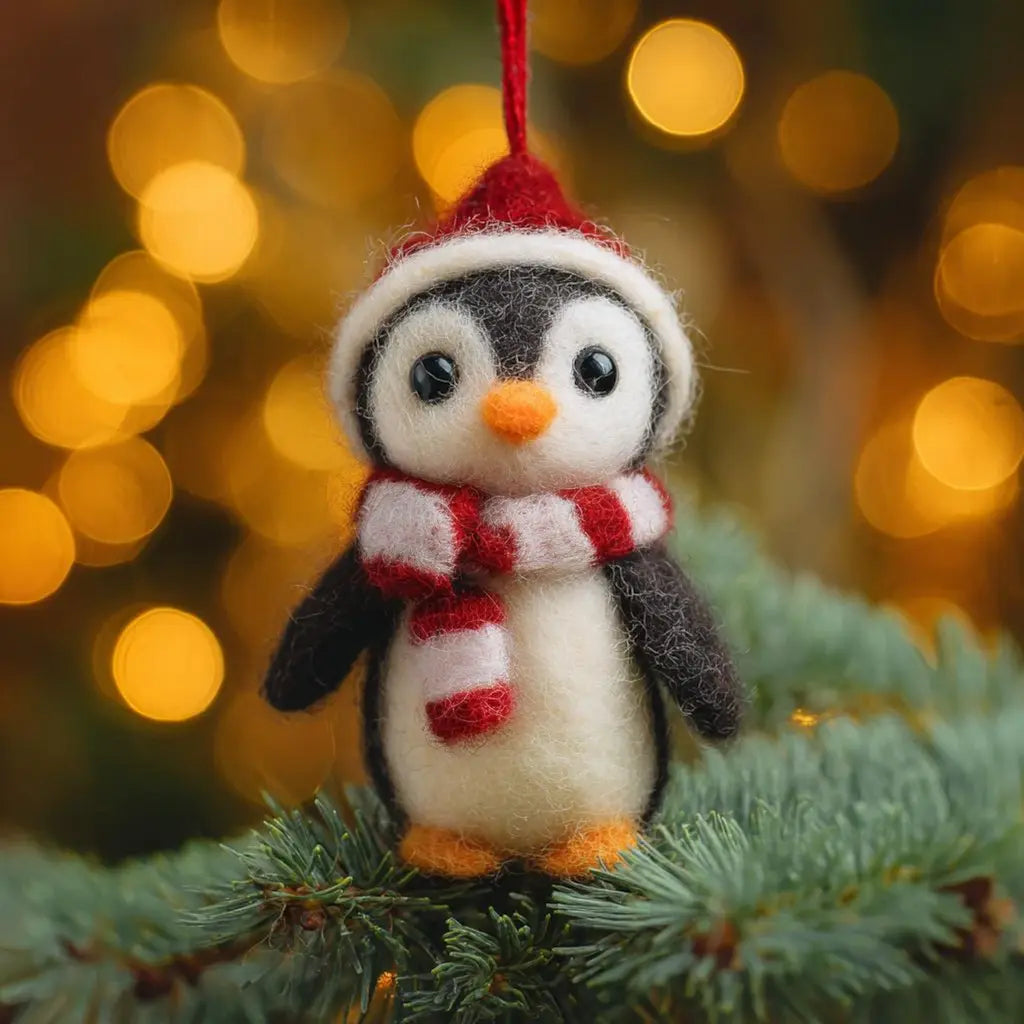 Felted penguin ornament with a red hat and scarf on a Christmas tree branch with blurred lights in the background.