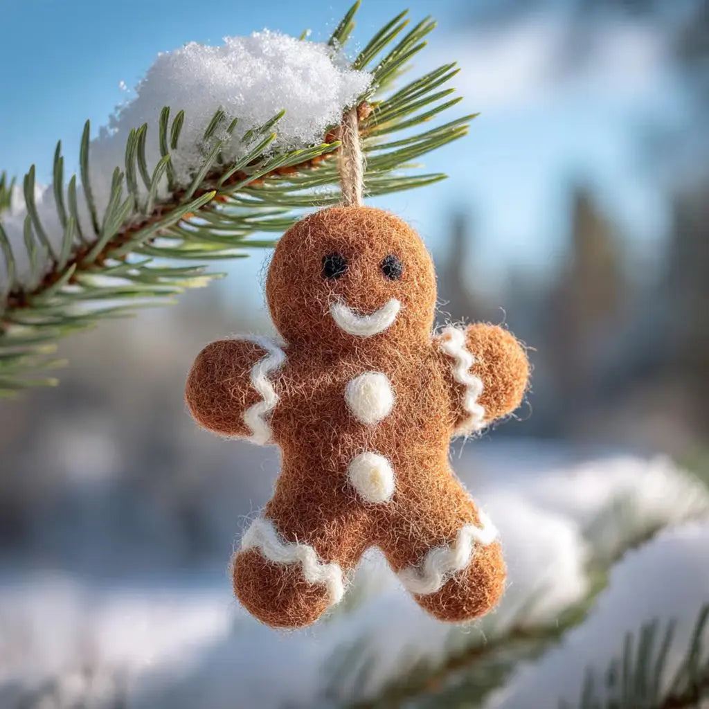 Felt gingerbread man ornament hanging on a snow-covered branch