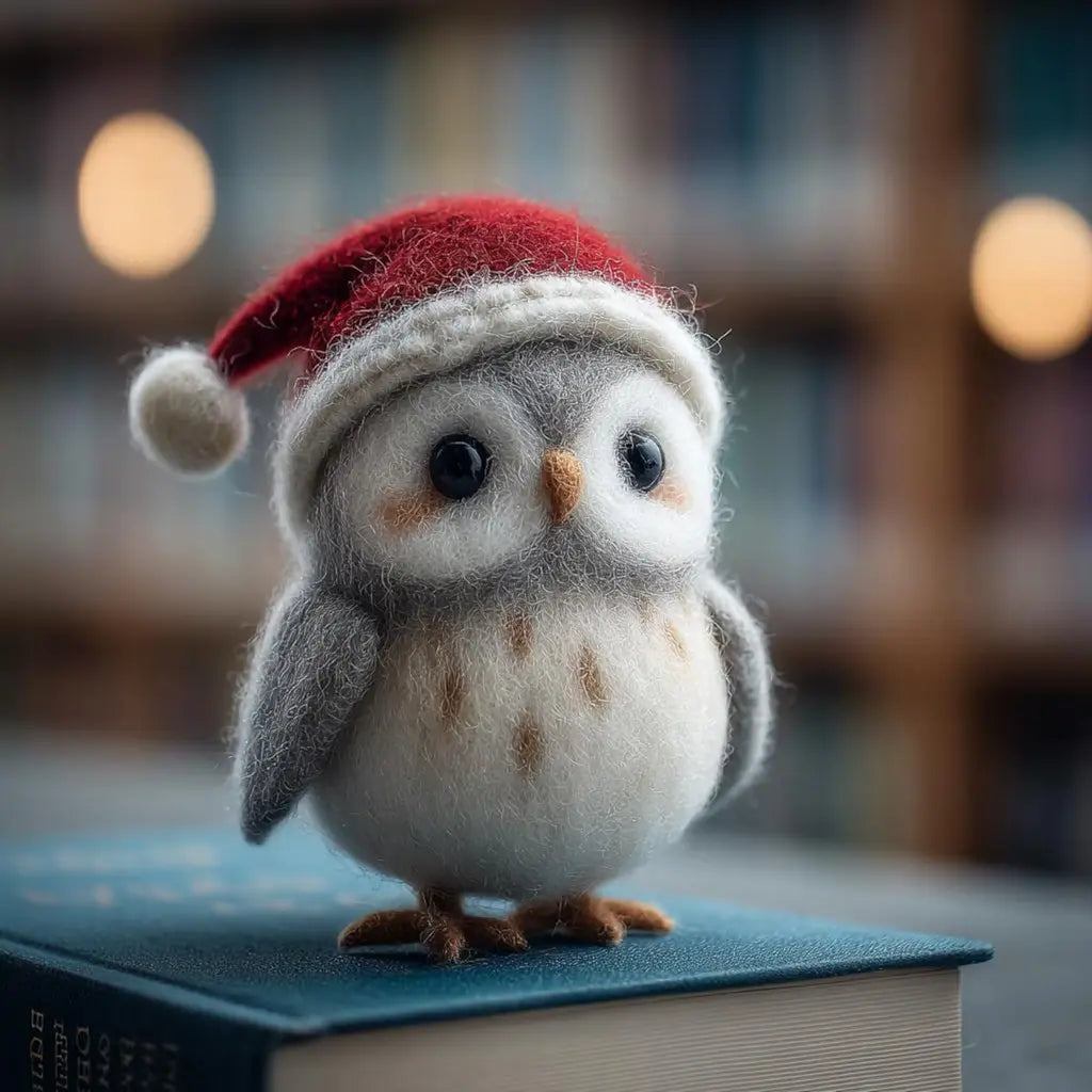 Small owl figurine wearing a red Santa hat on a book with a blurred background