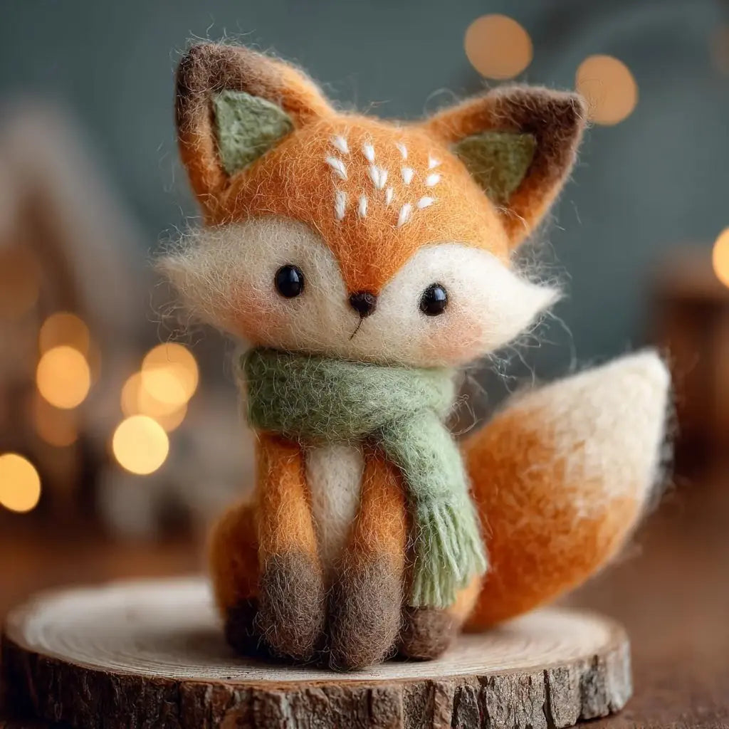 Felt fox toy with a green scarf on a wooden platform with blurred lights in the background