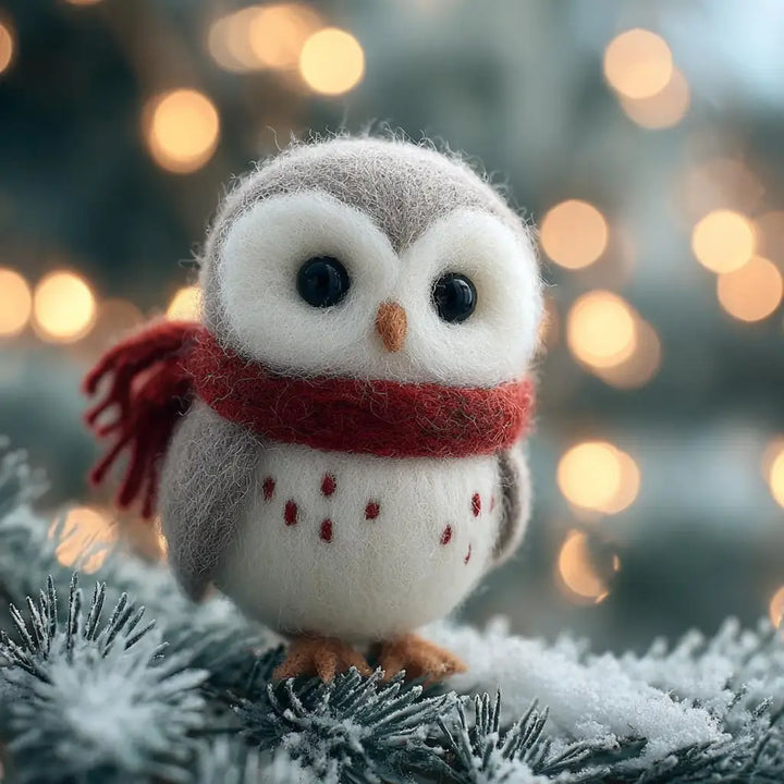 Felt owl with a red scarf on a snowy branch with a blurred light background