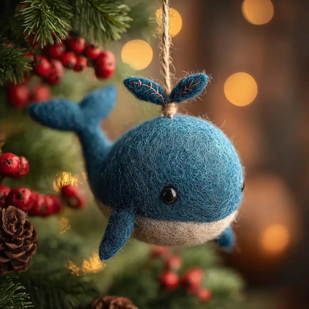 Blue whale ornament hanging on a Christmas tree with lights and berries in the background