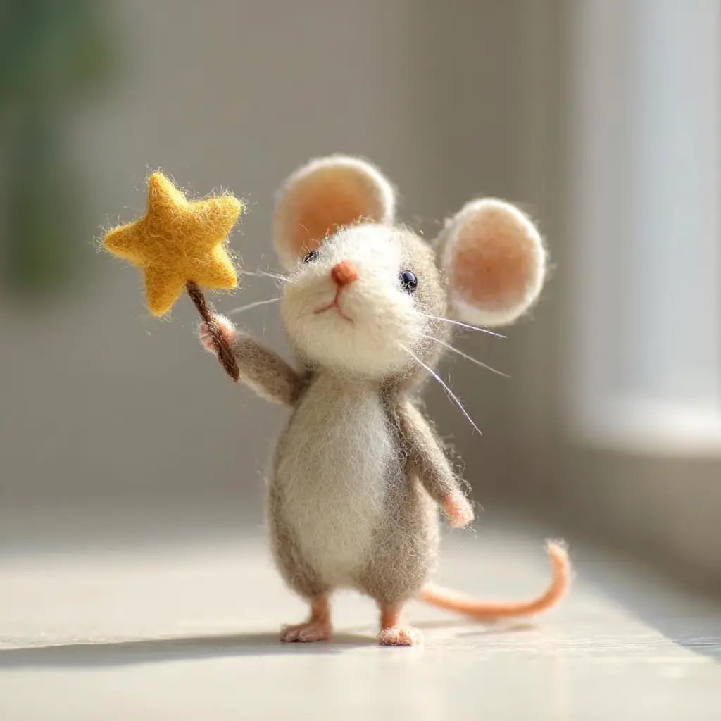 Felted mouse holding a yellow star on a neutral background