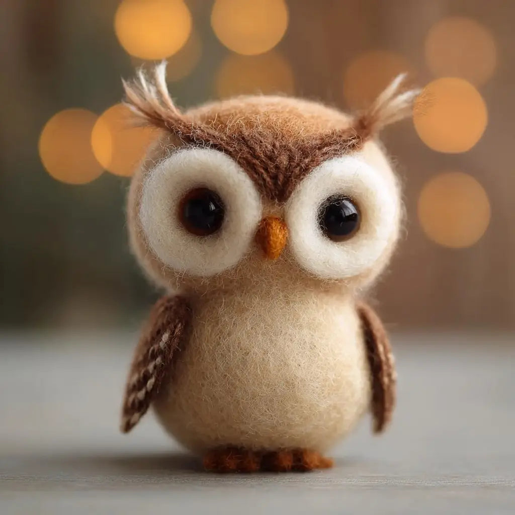 Felt Brown Horned Owl Figurine with Ear Tufts