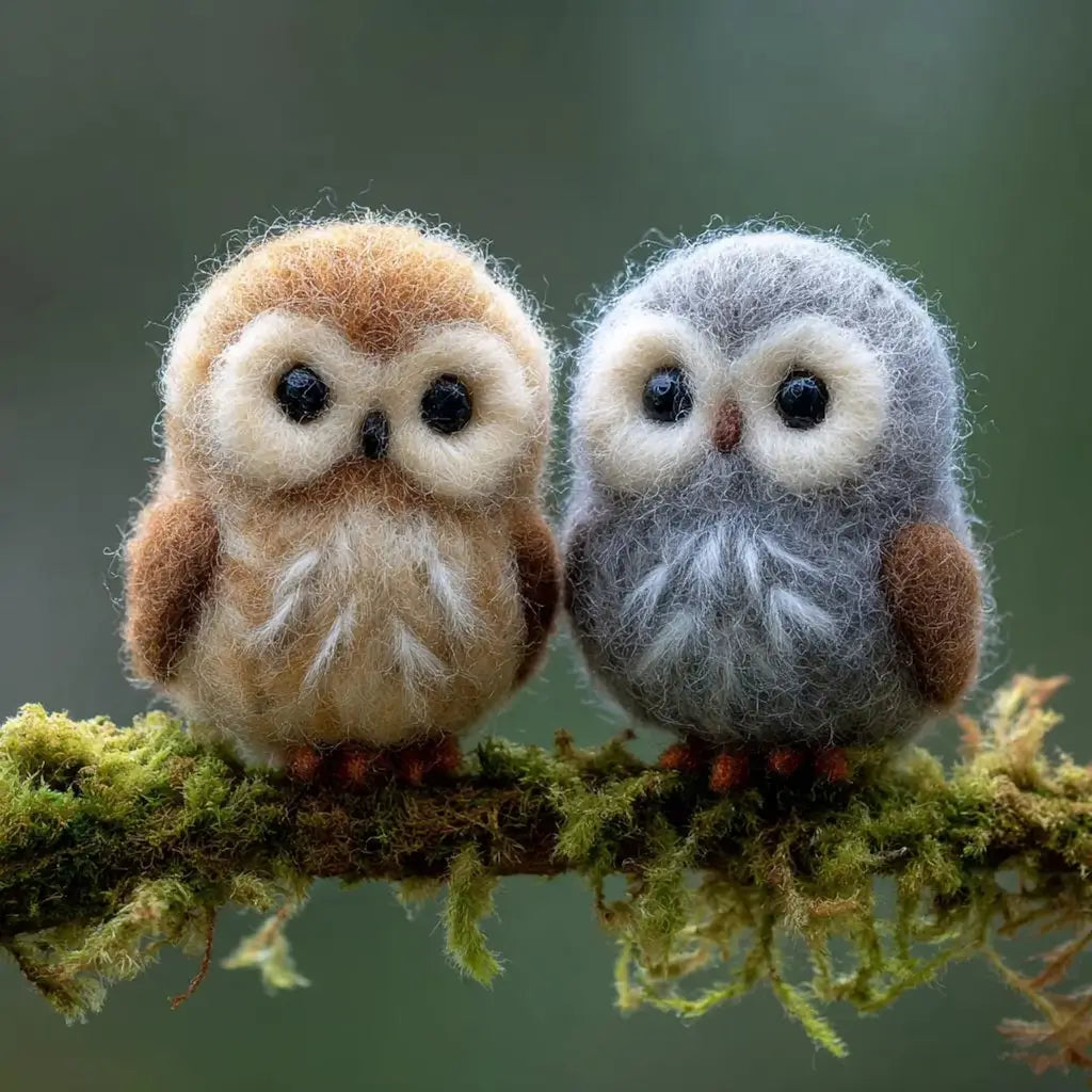 Two felted owl toys sitting on a branch with a blurred green background