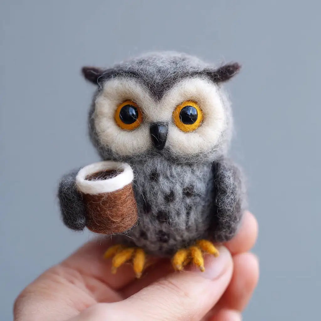 Felted owl toy holding a small cup against a gray background