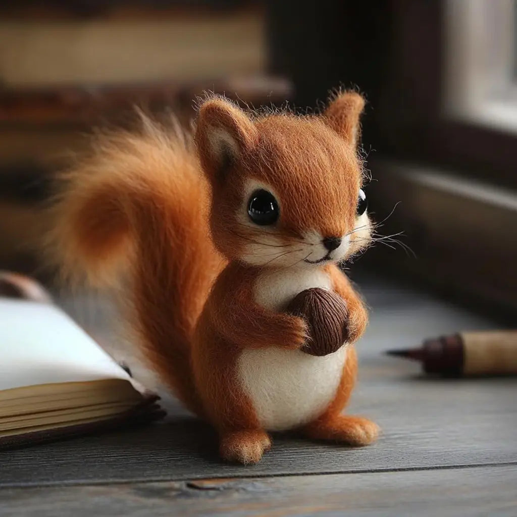 Squirrel with nut wool felt figurine with bushy tail on a woodland-style display