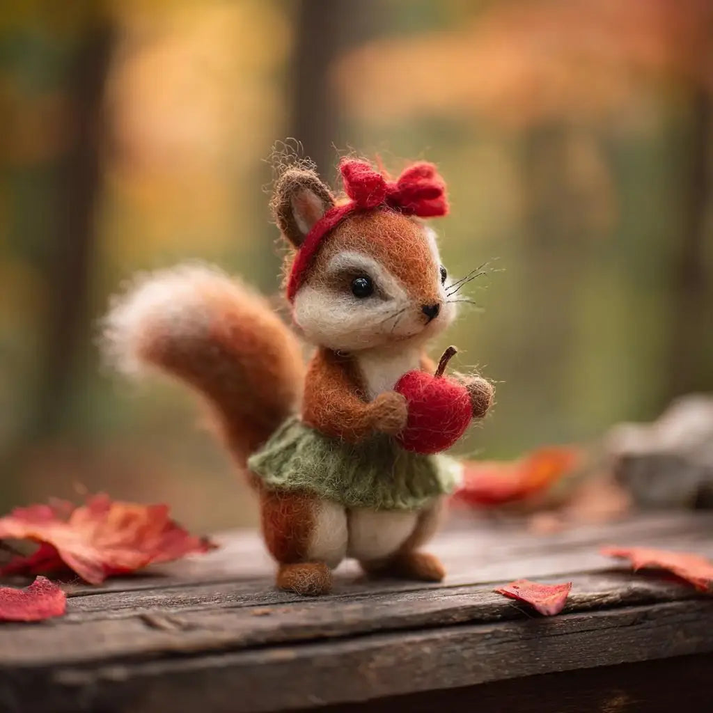 Stuffed squirrel toy with a red bow and apple on a wooden surface with autumn leaves.