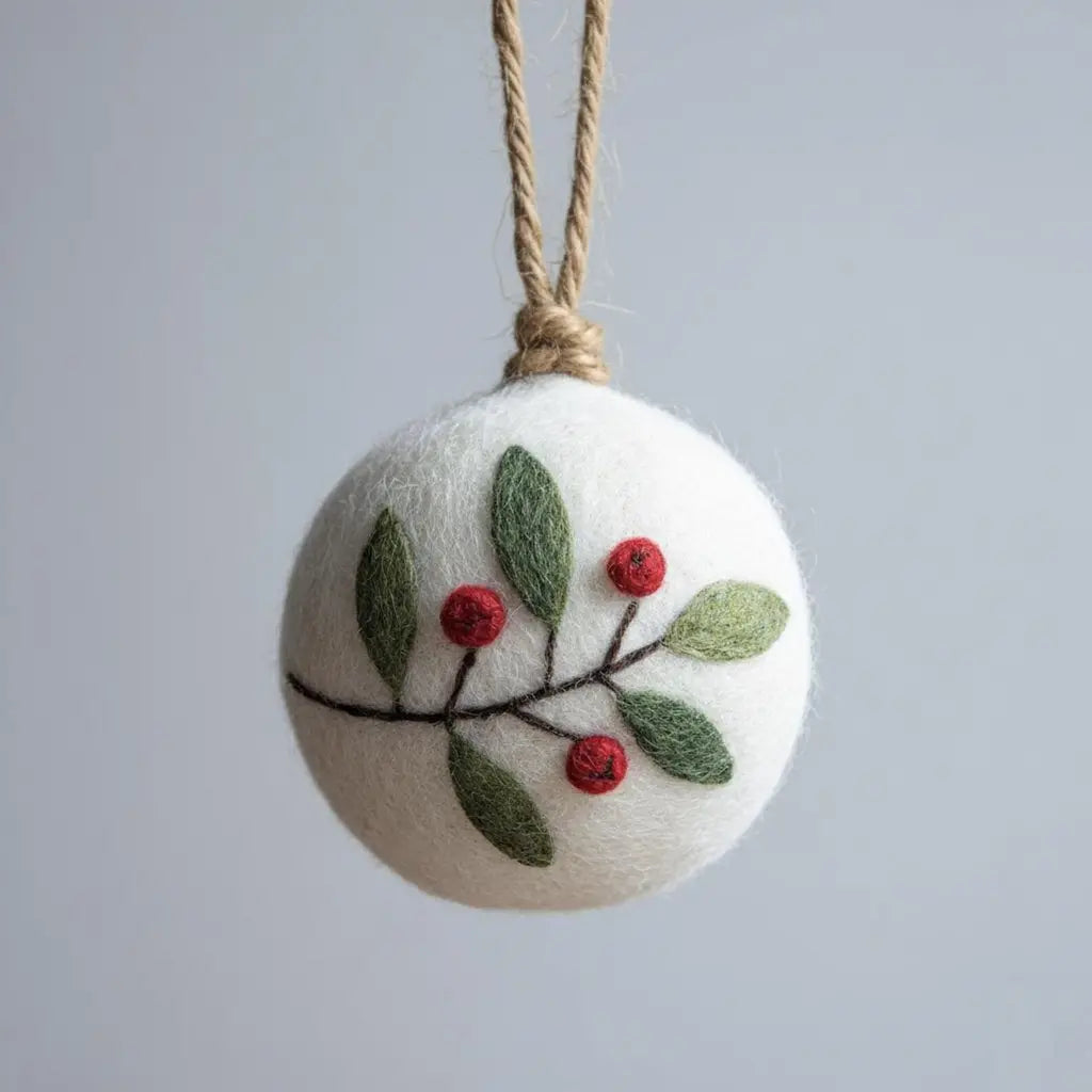 White ornament with embroidered green leaves and red berries on a gray background