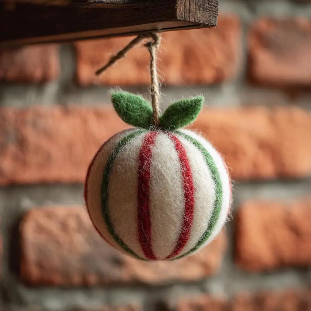 Decorative apple ornament with red and green stripes hanging against a brick wall.