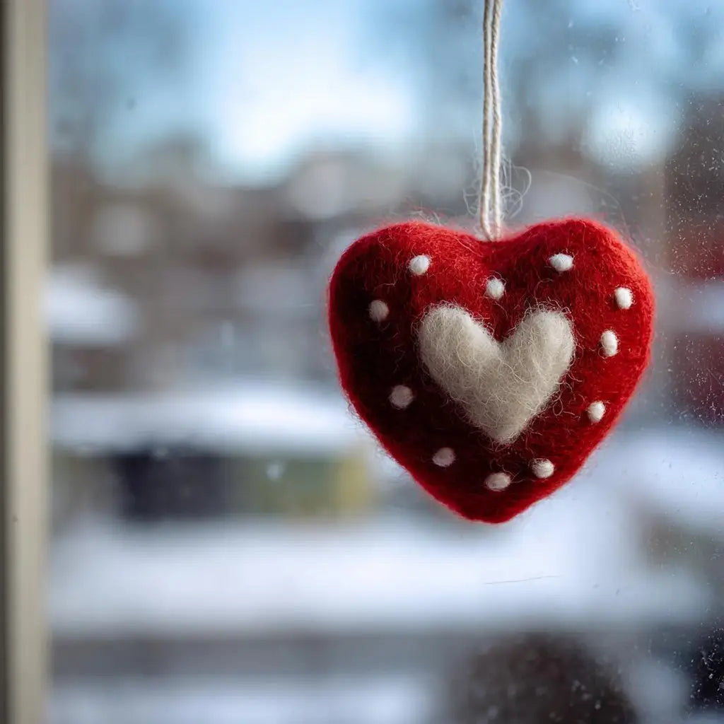 Red heart-shaped ornament with white polka dots and center, hanging on a window with a snowy outdoor background.