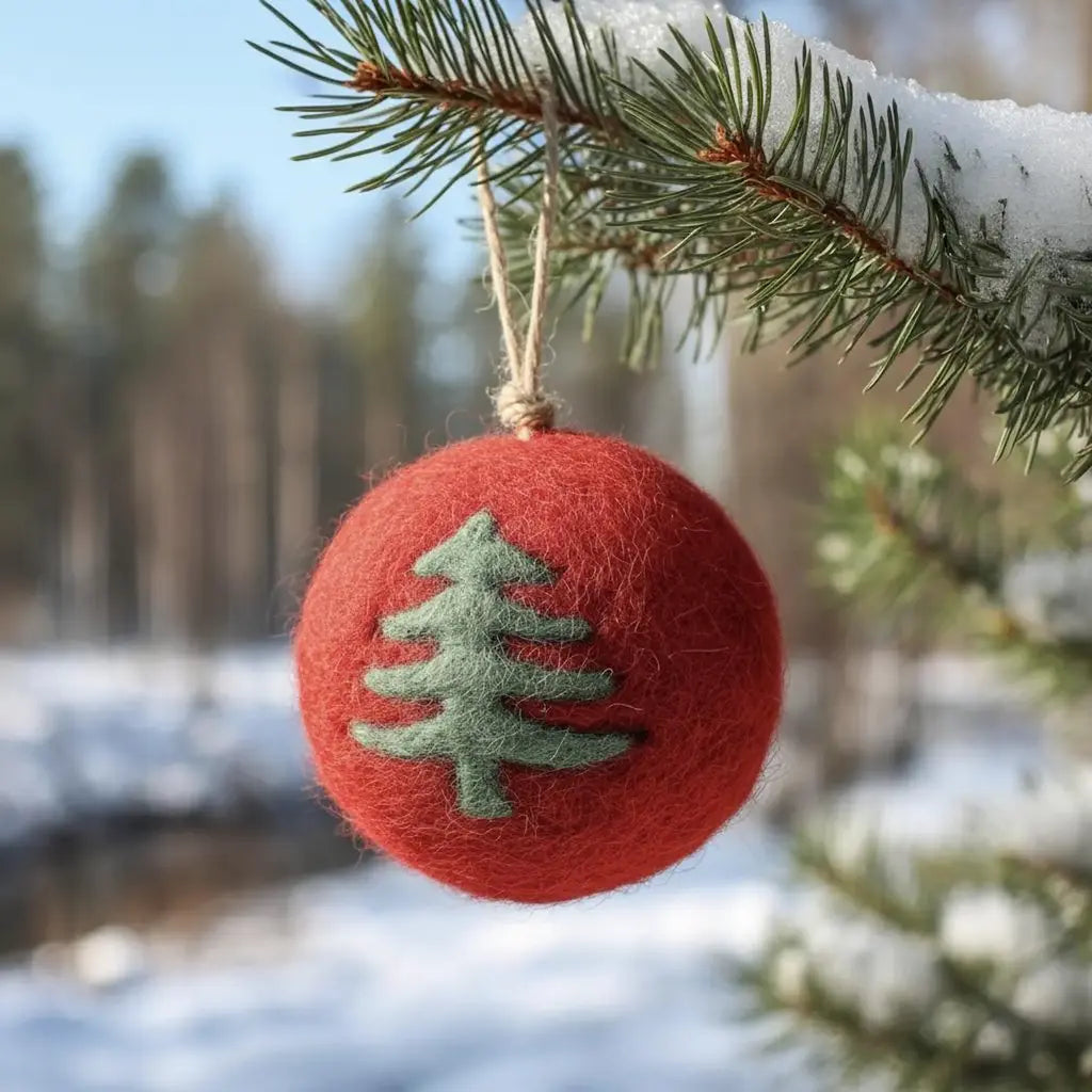 Red ornament with a green tree design hanging from a snow-covered branch in a snowy forest.