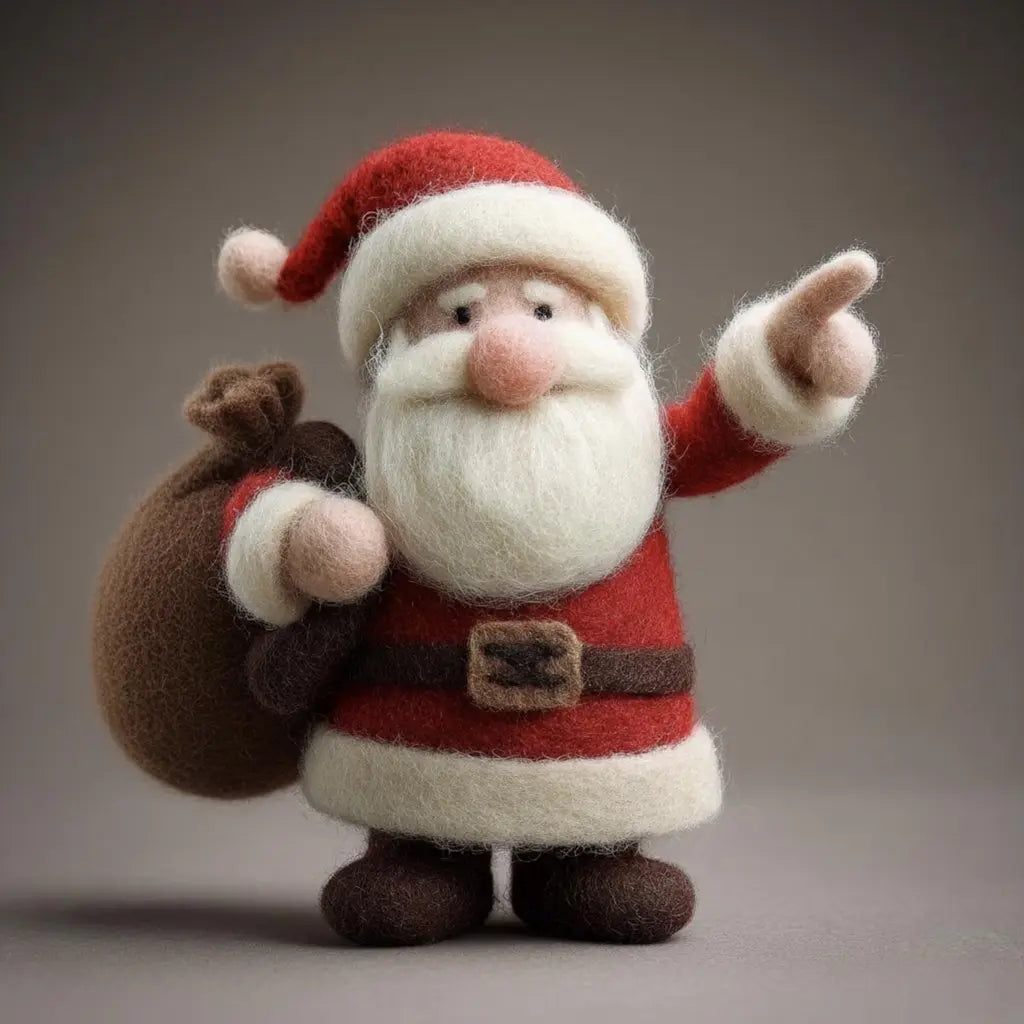 Felted Santa Claus figure with a sack on a gray background