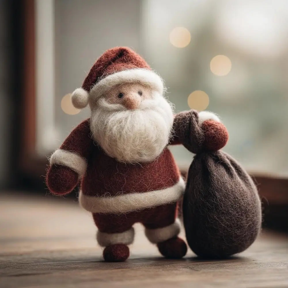 Felted Santa Claus figure with a sack on a wooden surface with blurred lights in the background