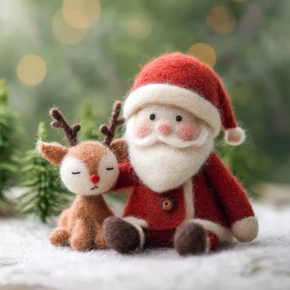 Felted Santa Claus and reindeer toy sitting together with a blurred green background