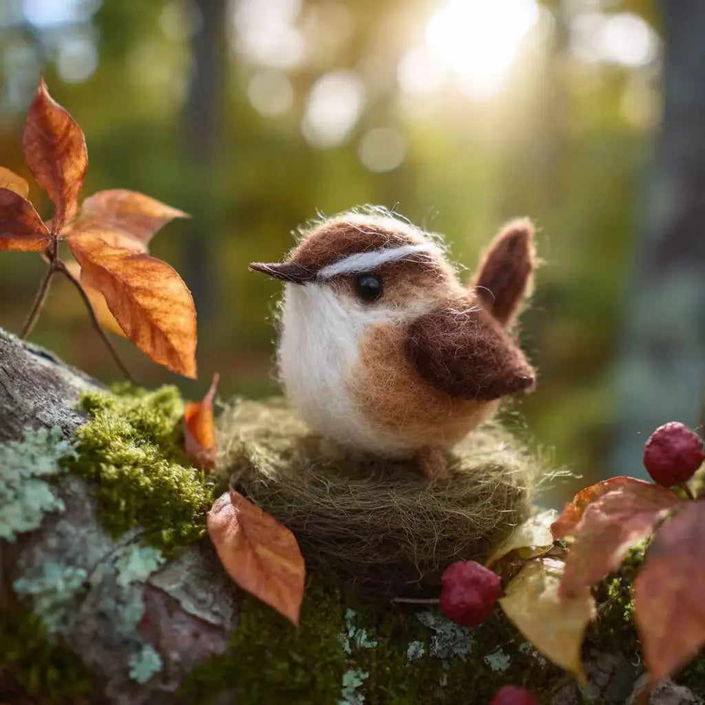 Felted bird sculpture on a branch with autumn leaves and berries