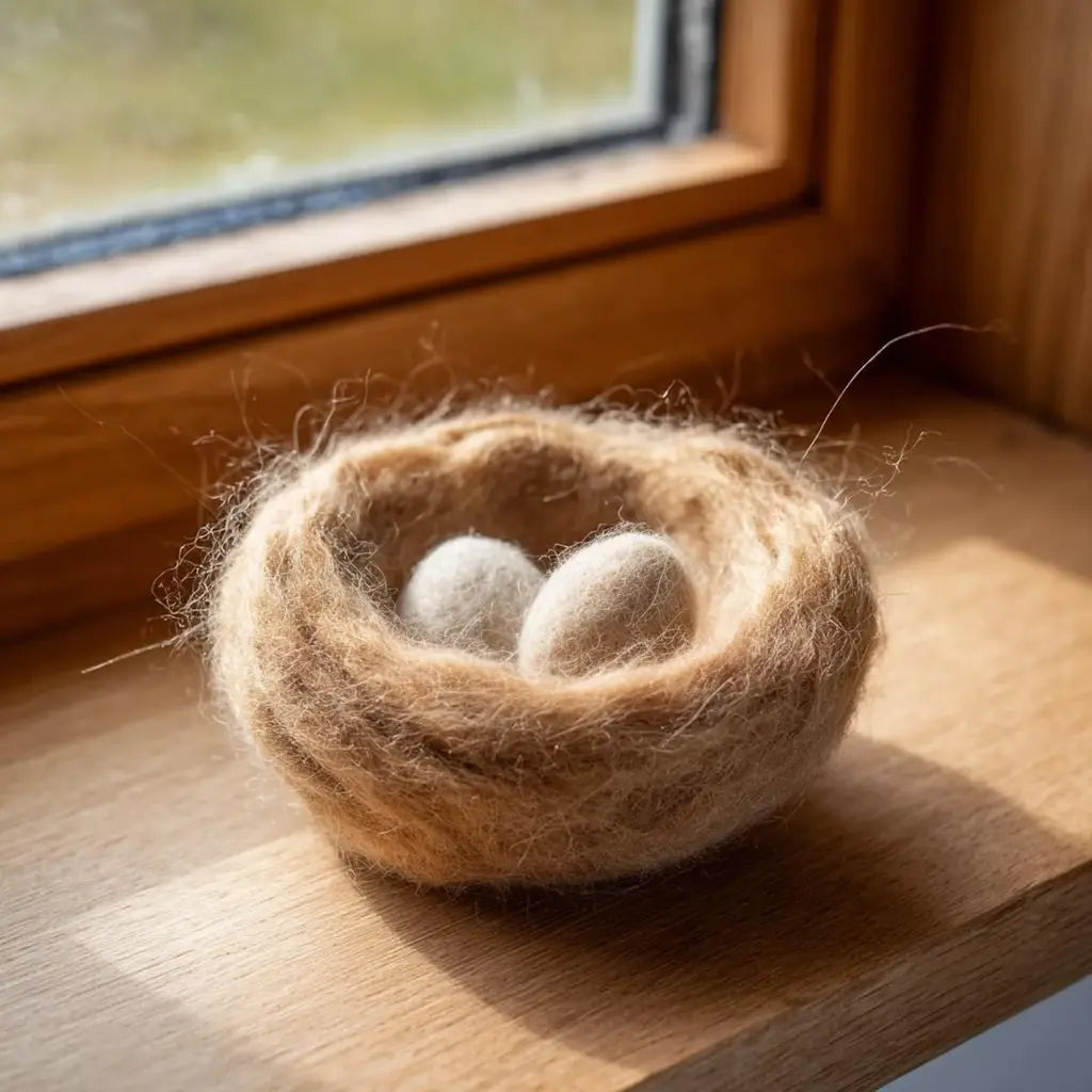 Nest with eggs on a wooden surface near a window