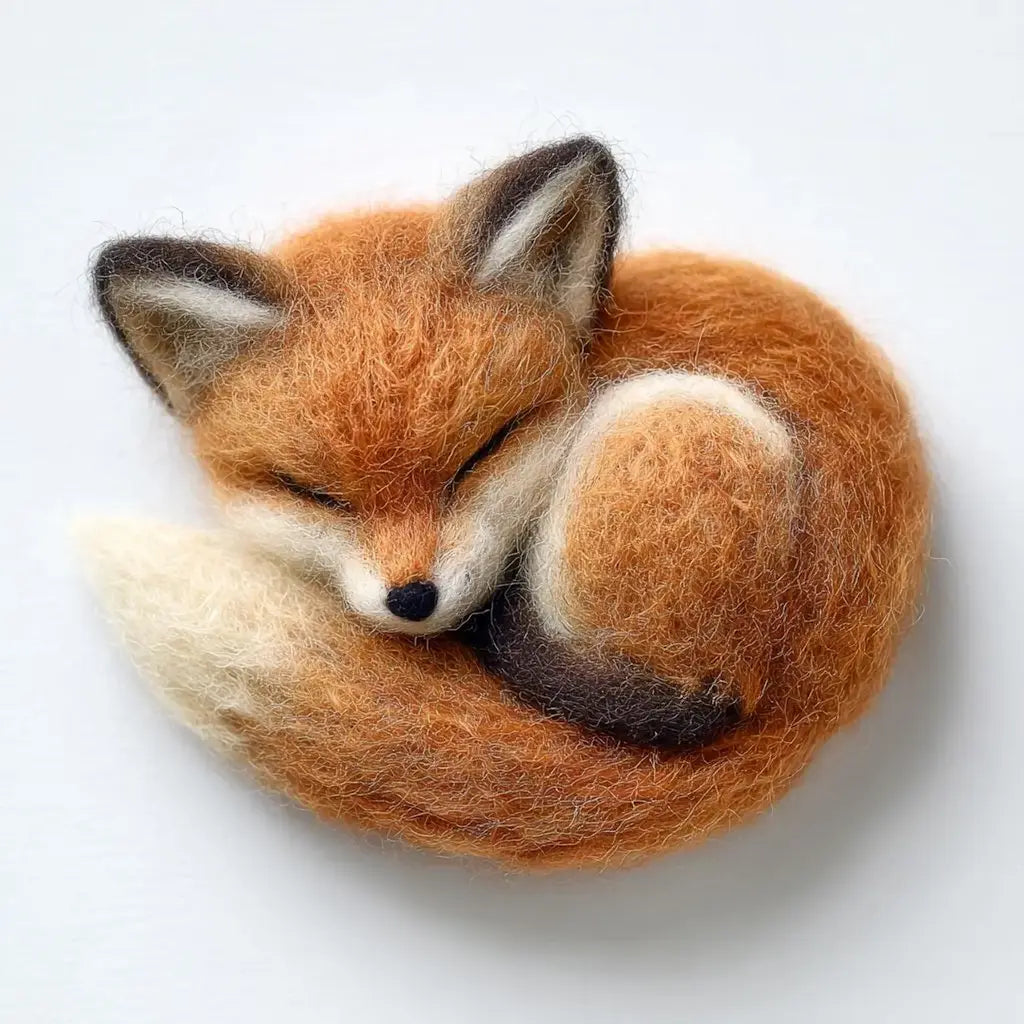 Felted fox sculpture on a white background