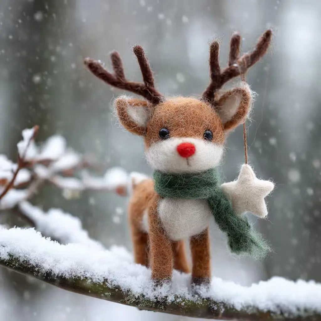 Starlight Guide reindeer wool felt figurine with green scarf, red nose and white star