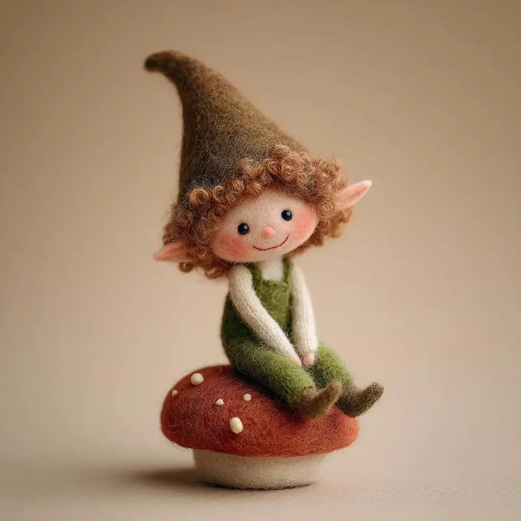 Elf figurine sitting on a mushroom against a beige background