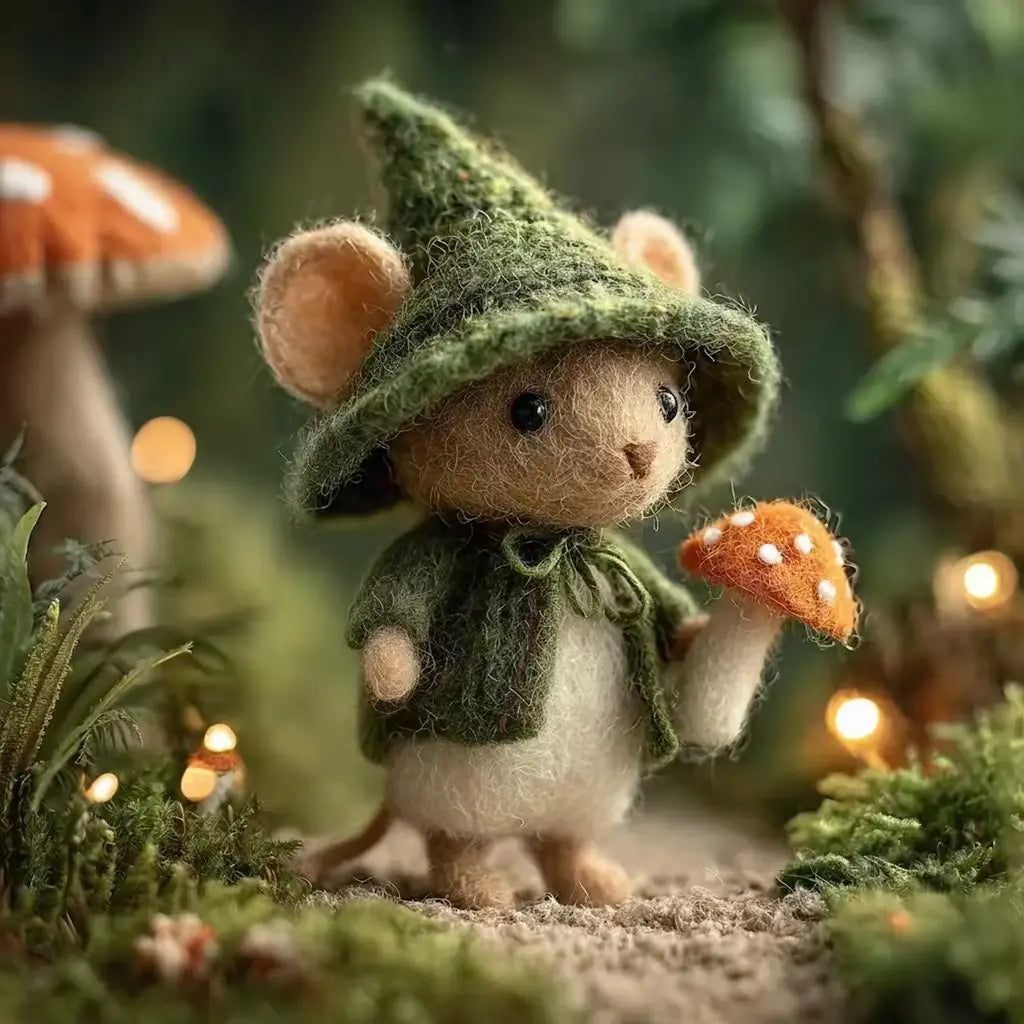 Small creature in a green hat and coat standing among mushrooms in a forest setting.
