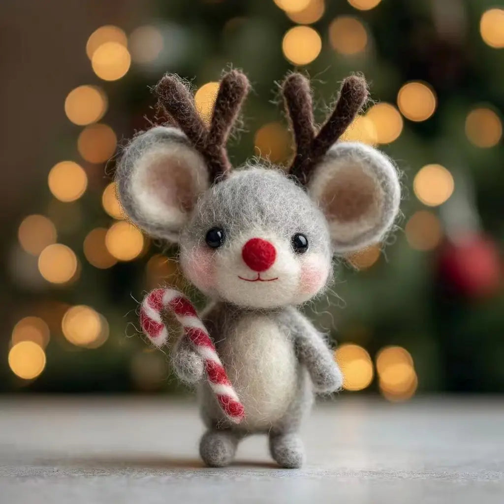 Toy mouse with reindeer antlers holding a candy cane against a blurred Christmas tree background